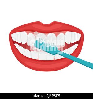 Bocca aperta sorridente. Spazzolare i denti con uno spazzolino. Bella anche denti bianchi e labbra femmina plump. Igiene orale e cura. Stile di vita sano. Illustrazione Vettoriale