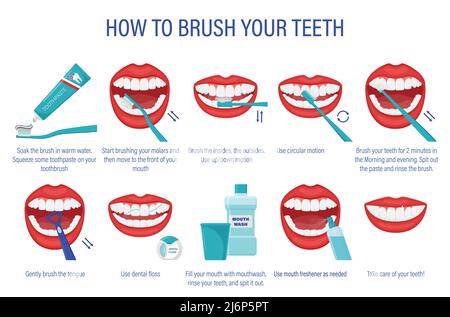 Cheme di come spazzolare i denti.istruzioni passo-passo. Igiene orale. Stile di vita sano e cura dentale.Ordine di azioni con la description.Prev Illustrazione Vettoriale