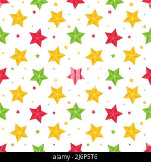 Motivo brillante e senza cuciture con stelle multicolore su sfondo bianco. Ideale per avvolgere carta, scatole regalo, tessuto. Gli oggetti di stile piatto sono isolati Illustrazione Vettoriale