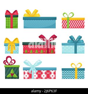 Set di scatole regalo con archi. Scatole diverse e luminose. Regali di Natale isolati su sfondo bianco. Elementi di progettazione per brochure, volantini e postcar Illustrazione Vettoriale