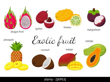 Una serie di frutti tropicali esotici. 8 frutti, interi e spaccati. Mango, Papaya, frutta del drago, kiwano, lychee, mangosteen, cocco, ananas. Collezione in Illustrazione Vettoriale