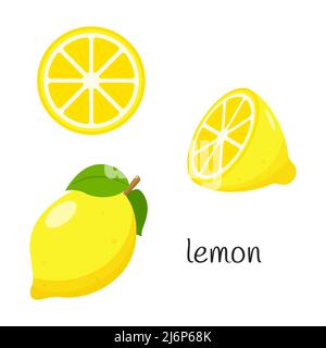 Limone intero con foglie, metà e fetta. Icona degli agrumi. Design piatto. Immagine vettoriale a colori isolata su sfondo bianco Illustrazione Vettoriale