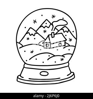 Neve globo con casa e montagne in stile Doodle. Lo schizzo è disegnato a mano e isolato su sfondo bianco. Elemento di design di Natale. Contorno Illustrazione Vettoriale