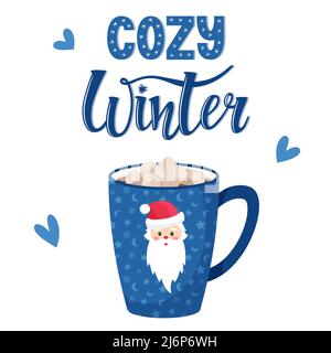 Una tazza di caffè o cacao con marshmallows. Blue Cup con Babbo Natale. Scritta a mano scritta winter.hand accogliente scritta. Illustrazione vettoriale in un fl Illustrazione Vettoriale