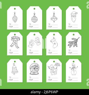 Raccolta di etichette per confezioni regalo. Un set di etichette con elementi a mano per il Natale e l'inverno. Immagine vettoriale in bianco e nero isolata Illustrazione Vettoriale