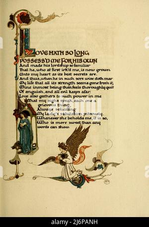 La nuova vita di Dante Alighieri; di Dante Alighieri, 1265-1321; tradotto in inglese da Dante Gabriel Rossetti, 1828-1882; e illustrato da Evelyn Paul, Data di pubblicazione 1915 Editore Coventry George G. Harrap. La vita Nuova (la Nuova vita) o vita Nova (titolo latino) è un testo di Dante Alighieri pubblicato nel 1294. È un'espressione del genere medievale dell'amore cortese in stile prosimetro, una combinazione di prosa e versetto. Foto Stock