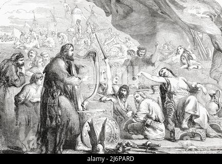 Alfred il Grande in travestimento come un minstrel gioca la sua arpa nel campo Danes per scoprire i loro piani di attacco. Qui sta giocando al loro leader Guthrum che non si è reso conto che questo era il re che era venuto a sconfiggere. Alfred il Grande, alias Ælfred 848/849 – 899. Re dei Sassoni Occidentali, 871 - c.. 886, re degli anglosassoni, c. 886 - 899. Da l'Univers Illustre, pubblicato Parigi, 1859 Foto Stock