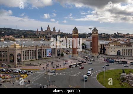 Vista sulla Plaza d'Espanya e Montjuic dalla terrazza di Las Arenas (Barcellona, Catalogna, Spagna) ESP: Vistas de la Plaza de España, BCN Foto Stock