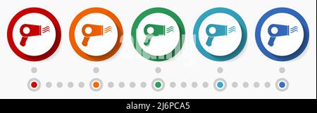 Asciugacapelli concetto vettore icona set, modello infografico, design piatto cerchio colorato web pulsanti in 5 opzioni colore Illustrazione Vettoriale