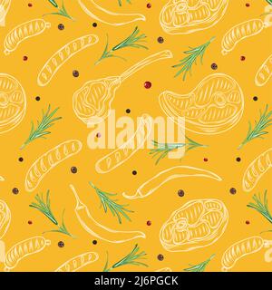 Grill Barbecue seamless pattern in stile vintage. Disegnato a mano. Il barbecue party ingredienti. Grill caldo cibo, birra e strumenti, spezie e verdure. Vettore Illustrazione Vettoriale