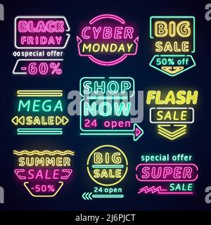 Cartelli di vendita al neon. Etichette luminose per il Cyber Monday e il Black Friday. Sconti testi pubblicitari. Shopping illuminazione disegni. Cartelli luminosi con frecce Illustrazione Vettoriale