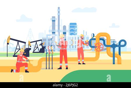 Lavoratori di gas di petrolio. Ingegneri della pipeline petrolifera. Persone che lavorano in fabbrica. Risorse energetiche. Carri e pompe. Risorsa fossile. Industria dei prodotti del carburante. Benzina Illustrazione Vettoriale