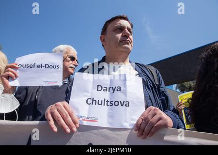 3 maggio 2022, Roma, RM, Italia: Sit-in presso l'Ambasciata della Federazione Russa a Roma in occasione della Giornata Mondiale della libertà di stampa (Credit Image: © Matteo Nardone/Pacific Press via ZUMA Press Wire) Foto Stock