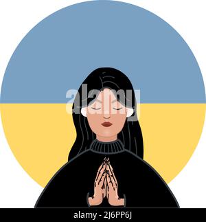 illustrazione della donna ucraina che prega con gli occhi chiusi vicino alla bandiera nazionale,illustrazione di scorta Illustrazione Vettoriale
