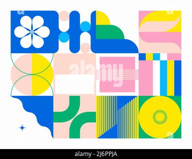 Grafica vettoriale neo-Geo ispirata al design estetico astratto modernista. Collage moderno geometrico per poster, copertina, arte, presentazione Illustrazione Vettoriale