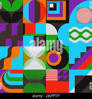 Grafica vettoriale astratta colorata al neon realizzata con varie forme geometriche ed elementi. Grafica digitale per poster, copertina, arte, presentazione Illustrazione Vettoriale