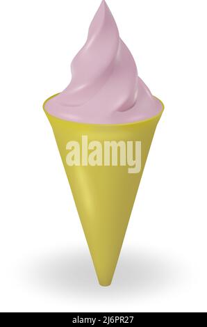 Gelato rosa in un cono di cialda isolato su sfondo bianco. Icona contorni vettoriali Illustrazione Vettoriale