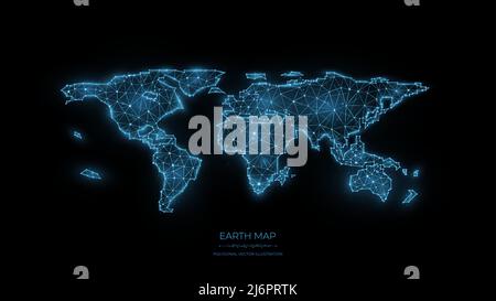 Illustrazione vettoriale della mappa del mondo poligonale su sfondo nero. Il concetto di globalizzazione. Banner o modello della mappa del mondo. Illustrazione Vettoriale