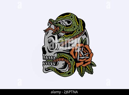 Lo stile del tatuaggio della vecchia scuola ha ispirato il disegno grafico serpente, cranio e rosa Foto Stock