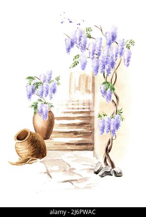 Antica architettura e albero fiorito di Wisteria. Illustrazione di acquerello disegnata a mano isolata su sfondo bianco Foto Stock