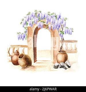 Antica architettura e albero fiorito di Wisteria. Illustrazione di acquerello disegnata a mano isolata su sfondo bianco Foto Stock