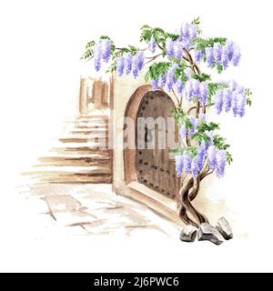 Antica architettura e albero fiorito di Wisteria. Illustrazione di acquerello disegnata a mano isolata su sfondo bianco Foto Stock