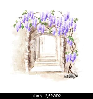 Antica architettura e albero fiorito di Wisteria. Illustrazione di acquerello disegnata a mano isolata su sfondo bianco Foto Stock