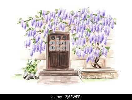 Antica architettura e albero fiorito di Wisteria. Illustrazione di acquerello disegnata a mano, isolata su sfondo bianco Foto Stock