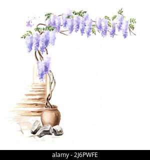 Antica architettura e albero fiorito di Wisteria. Illustrazione di acquerello disegnata a mano isolata su sfondo bianco Foto Stock