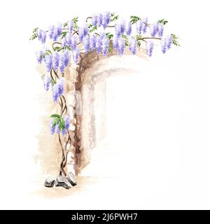 Antica architettura arck e Wisteria fiore albero. Illustrazione di acquerello disegnata a mano isolata su sfondo bianco Foto Stock