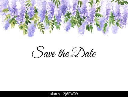 Wisteria Blossom salvare la data di invito o biglietto di auguri. Illustrazione di acquerello disegnata a mano isolata su sfondo bianco Foto Stock