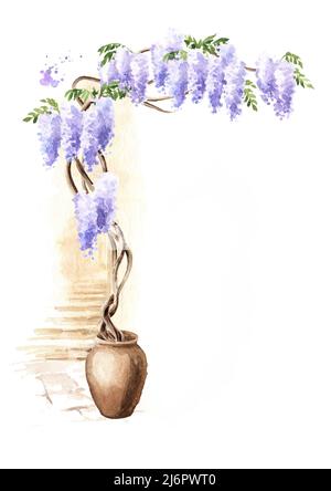 Albero di fiori di glicine. Illustrazione di acquerello disegnata a mano isolata su sfondo bianco Foto Stock