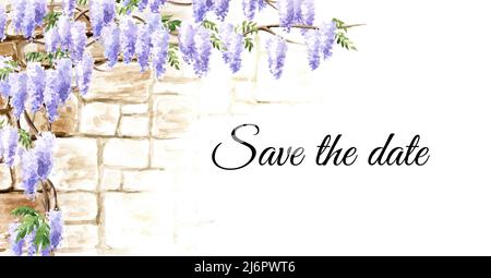 Wisteria Blossom salvare la data di invito o biglietto di auguri sfondo. Illustrazione dell'acquerello disegnata a mano Foto Stock