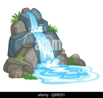 Cascata tra le rocce. La cascata fruscii verso il basso. Flusso d'acqua. Illustrazione vettoriale in stile carino cartoon isolato su sfondo bianco. Per stampa, de Illustrazione Vettoriale