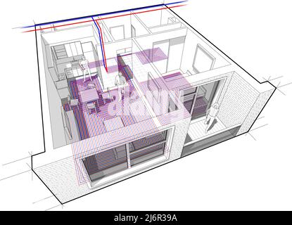 Schema prospettico in sezione di un appartamento con una camera da letto completamente arredato con acqua calda riscaldamento a pavimento e tubi di riscaldamento centrale Foto Stock