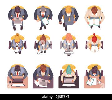 Vista dall'alto dei viaggiatori d'affari seduti. Dipendenti di ufficio seduti a scrivanie su sedie, rigoroso codice di abbigliamento, uomini e donne con gadget, tenere documenti, libri Illustrazione Vettoriale