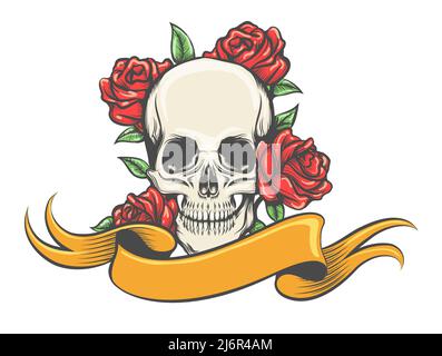 Tatuaggio di cranio con rose e banner disegnato in stile incisione isolato su bianco. Illustrazione vettoriale. Illustrazione Vettoriale