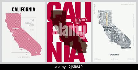 31 di 50 set, poster dello Stato degli Stati Uniti con nome e informazioni in 3 stili di disegno, stampa dettagliata di arte vettoriale mappa della California Illustrazione Vettoriale