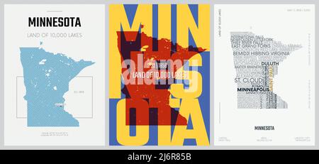 32 di 50 set, US state Posters con nome e informazioni in 3 Design Styles, dettagliato vettore arte stampa mappa Minnesota Illustrazione Vettoriale