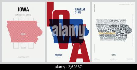 29 di 50 set, Posters dello Stato degli Stati Uniti con nome ed informazioni in 3 stili di disegno, stampa dettagliata di arte vettoriale Iowa mappa Illustrazione Vettoriale