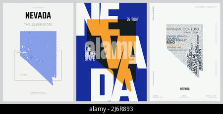 36 di 50 set, Posters dello Stato degli Stati Uniti con nome e informazioni in 3 stili di disegno, stampa vettoriale dettagliata della mappa del Nevada Illustrazione Vettoriale