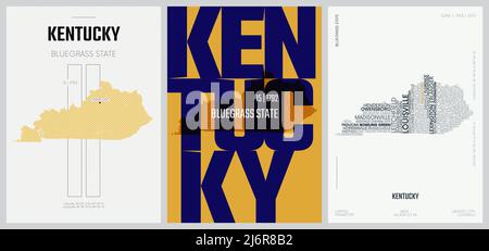 15 di 50 set, poster dello Stato degli Stati Uniti con nome e informazioni in 3 stili di disegno, stampa dettagliata di arte vettoriale mappa del Kentucky Illustrazione Vettoriale