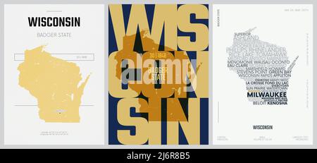 30 di 50 set, Posters dello Stato degli Stati Uniti con nome e informazioni in 3 stili di disegno, stampa dettagliata di arte vettoriale mappa del Wisconsin Illustrazione Vettoriale
