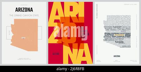 48 di 50 set, US state Posters con nome e informazioni in 3 Design Styles, dettagliato vettore arte stampare Arizona mappa Illustrazione Vettoriale