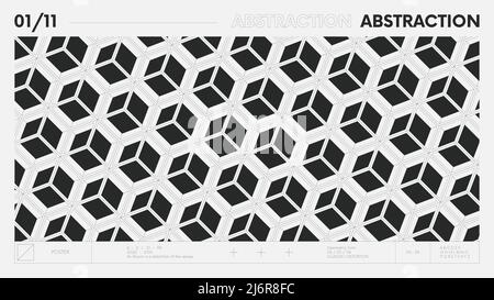 Astratto banner geometrico moderno con forme semplici in bianco e nero, composizione grafica disegno vettoriale sfondo, pattern 3D cubi di squadrato Illustrazione Vettoriale