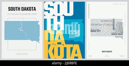 40 di 50 set, Posters dello Stato degli Stati Uniti con nome ed informazioni in 3 stili di disegno, stampa dettagliata dell'arte vettoriale della carta del Sud Dakota Illustrazione Vettoriale