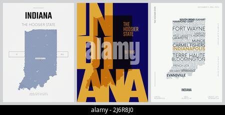 19 di 50 set, US state Posters con nome e informazioni in 3 Design Styles, dettagliato vettore arte stampare Indiana mappa Illustrazione Vettoriale