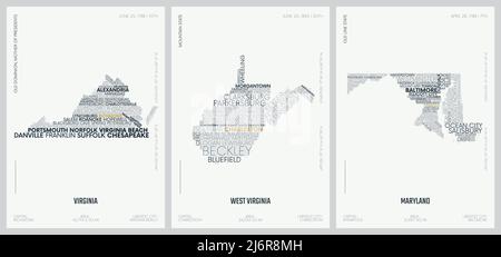 Composizione tipografica dei nomi delle città, mappe delle sagome degli stati d'America, poster vettoriali dettagliati, Virginia, West Virginia, Maryland Illustrazione Vettoriale