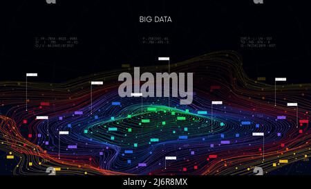 Futuristica visualizzazione digitale su cloud per i big data, tecnologia di ordinamento e memorizzazione delle informazioni, struttura a colori delle reti neurali Illustrazione Vettoriale