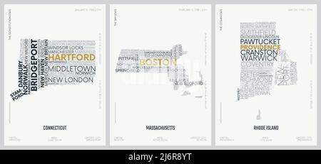 Composizione tipografica dei nomi delle città, mappe delle silhouette degli stati d'America, poster vettoriali dettagliati, Connecticut, Massachusetts, Rhode Island Illustrazione Vettoriale